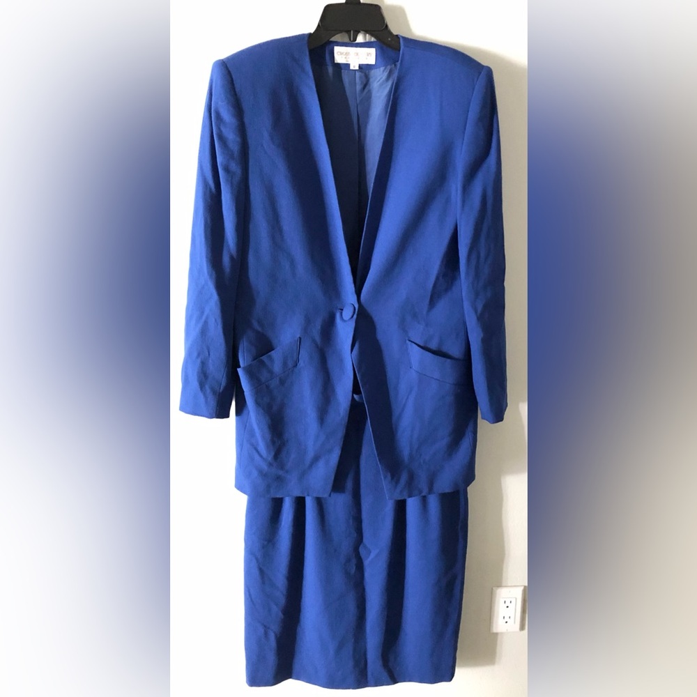 Vintage Wool Rayon Royal Blue Pencil Skirt Blazer Suit Set Career 8